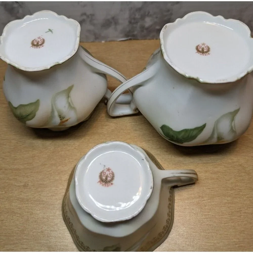 Antique RS Germany/Prussia Sugar Bowl Creamer 6 cups & 6‎ saucers Calla Lily